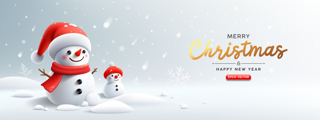 Snowman on snowstorm, merry christmas festival banner design on white snow background