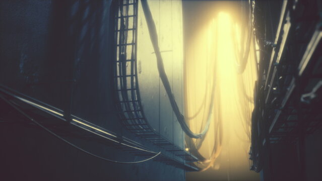 In a tranquil city alley, soft light filters through, casting shadows on the ground. Flowing materials hang from above, creating an enigmatic atmosphere filled with intrigue and charm.