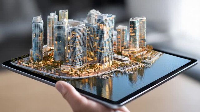 Modern Cityscape on Tablet: A detailed miniature city model floats gracefully atop a digital tablet. showcasing the blend of technology and urban planning in a compact and captivating manner.