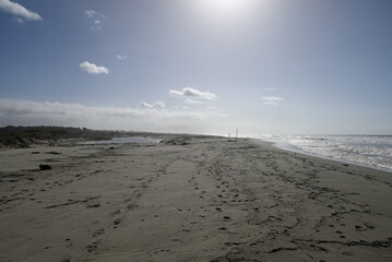 Mediterranean Beach at Tore del lago Puccini. Autumn sky with little sun. Reflections in water.