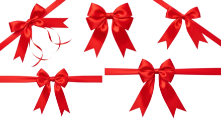 Collection of red satin gift bows with ribbons, isolated on transparent background