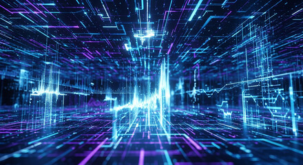 Abstract digital network grid with blue and purple light streaks