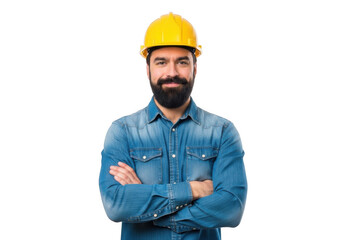 A smiling bearded man wearing a yellow hard hat and blue denim shirt with arms crossed isolated on transparent background