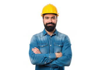 A smiling bearded man wearing a yellow hard hat and blue denim shirt with arms crossed isolated on transparent background