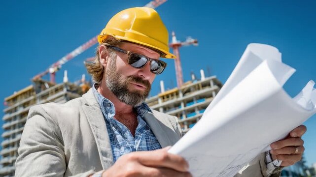 Architect's Construction Review: An architect, with a serious expression, studies blueprints at a construction site. The background shows the building under construction.