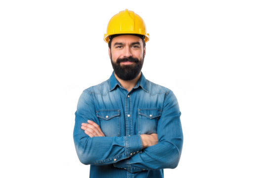 A smiling bearded man wearing a yellow hard hat and blue denim shirt with arms crossed isolated on transparent background - Powered by Adobe
