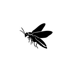 Silhouette of a flying insect with wings spread, isolated on white.