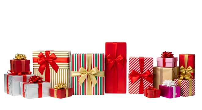 Collection of various gift boxes with colorful wrapping paper and ribbons, piled together, isolated on transparent background - Powered by Adobe