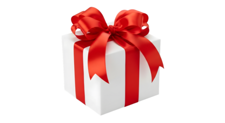 A white gift box with a red ribbon and bow, isolated on transparent background