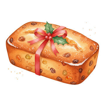 Artistic impression of holiday fruitcake adorned with ribbon and holly decoration isolated