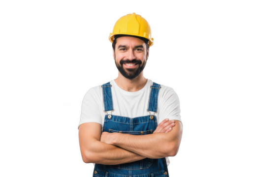 Smiling construction worker wearing a yellow hard hat and blue denim overalls with arms crossed isolated on transparent background - Powered by Adobe