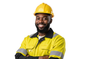 Smiling african american construction worker wearing a yellow hard hat and high visibility safety vest with arms crossed isolated on transparent background