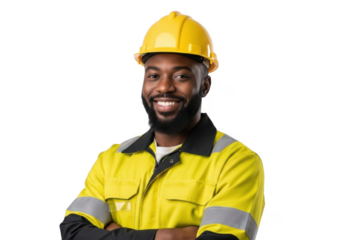 Smiling african american construction worker wearing a yellow hard hat and high visibility safety vest with arms crossed isolated on transparent background