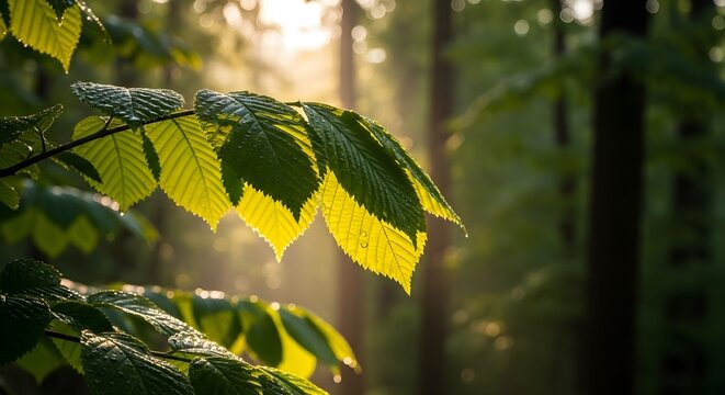 Sunlight filtering through wet leaves in a forest - Powered by Adobe