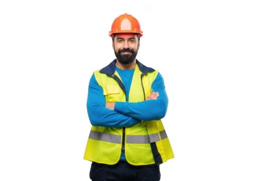A construction worker wearing a safety helmet and reflective vest stands with arms crossed isolated on transparent background