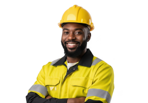 Smiling african american construction worker wearing a yellow hard hat and high visibility safety vest with arms crossed isolated on transparent background