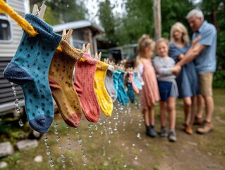 Colorful wet socks hanging on a clothesline outdoors, with a family standing together in the blurred background.
