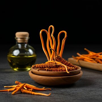 Dried Cordyceps militaris mushrooms standing upright on a wooden platform next to an oil bottle, set against a dark background, suggesting preparation of an herbal oil or extract.