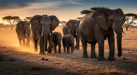 Herd of elephants walking across african savanna at sunset