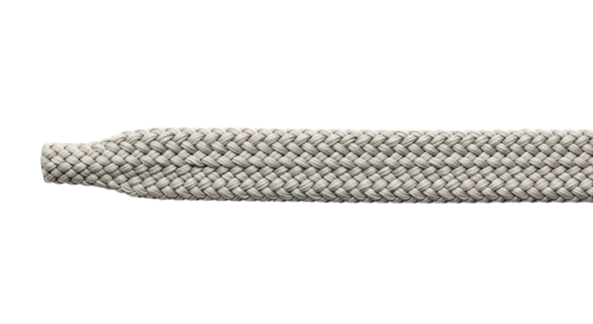 Closeup of a grey shoelace tip isolated on transparent background