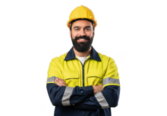A smiling bearded construction worker wearing a yellow hard hat and reflective safety jacket with arms crossed isolated on transparent background