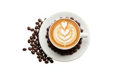 Top view of a latte coffee cup with art on a saucer surrounded by coffee beans, isolated on transparent background