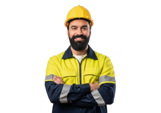 A smiling bearded construction worker wearing a yellow hard hat and reflective safety jacket with arms crossed isolated on transparent background - Powered by Adobe