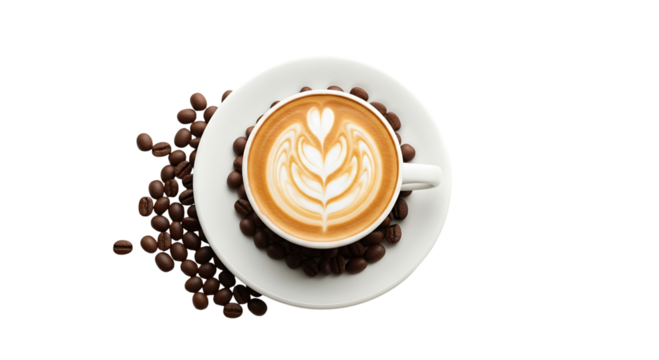 Top view of a latte coffee cup with art on a saucer surrounded by coffee beans, isolated on transparent background