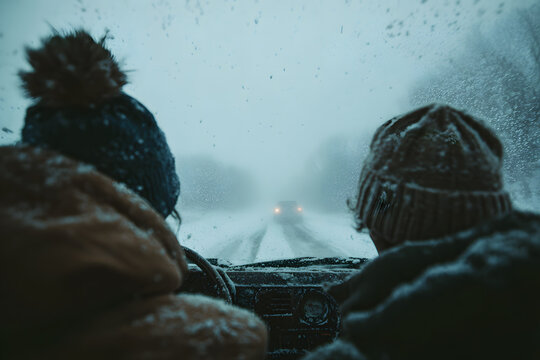 two people are driving in the snow on a snowy day