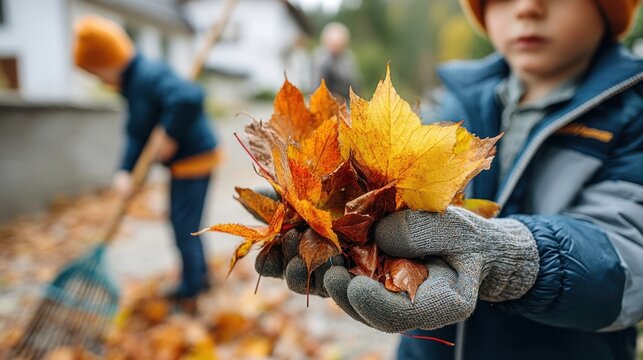 Two children in autumn clothing gather and rake colorful fallen leaves outdoors, focusing on a close-up of hands holding leaves.