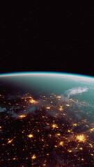 A stunning view captures Earths glowing cities in the dark of night, showcasing the vibrant lights and unique contours of land and water. Stars twinkle in the vast expanse above.