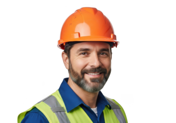 Smiling construction worker wearing an orange hard hat and reflective safety vest isolated on transparent background