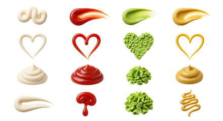 Assortment of sauces and condiments in various shapes and forms on a transparent background