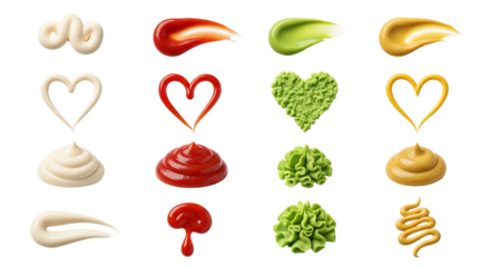 Assortment of sauces and condiments in various shapes and forms on a transparent background