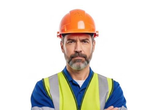 Serious bearded man wearing orange protective hard hat and high visibility vest isolated on transparent background