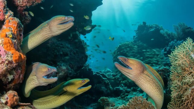 Moray Eels Swim Near Vibrant Coral Reef Under Sunlight Beams In Deep Blue Ocean Water