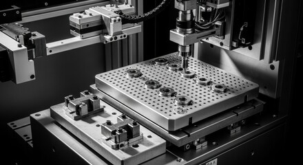 Automated industrial machinery for high precision manufacturing. Robotic arm assembling metal components on a production line. Advanced engineering and technology concept