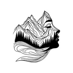 Face merging into landscape line art — black and white hand-drawn illustration symbolizing unity between human and nature, elegant vector SVG, mountain and forest composition