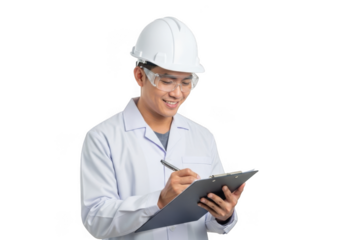 Asian male engineer wearing white hard hat and safety glasses writing on clipboard isolated on transparent background