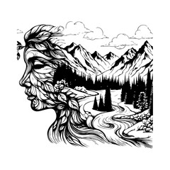 Face merging into landscape line art — black and white hand-drawn illustration symbolizing unity between human and nature, elegant vector SVG, mountain and forest composition