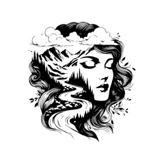 Face merging into landscape line art — black and white hand-drawn illustration symbolizing unity between human and nature, elegant vector SVG, mountain and forest composition