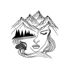 Face merging into landscape line art — black and white hand-drawn illustration symbolizing unity between human and nature, elegant vector SVG, mountain and forest composition