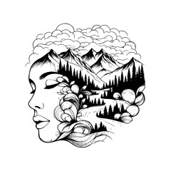 Face merging into landscape line art — black and white hand-drawn illustration symbolizing unity between human and nature, elegant vector SVG, mountain and forest composition