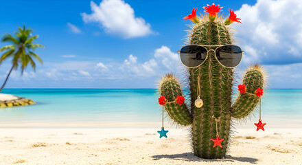 Tropical Christmas Cactus with Sunglasses and Ornaments on Beach