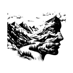 Face merging into landscape line art — black and white hand-drawn illustration symbolizing unity between human and nature, elegant vector SVG, mountain and forest composition