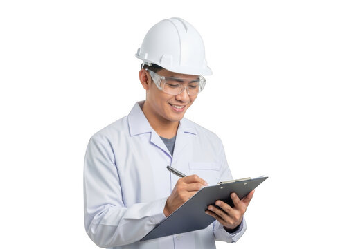 Asian male engineer wearing white hard hat and safety glasses writing on clipboard isolated on transparent background
