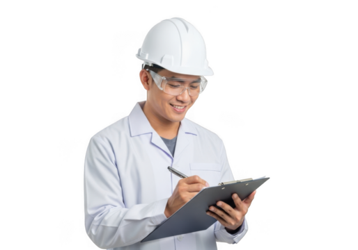 Asian male engineer wearing white hard hat and safety glasses writing on clipboard isolated on transparent background