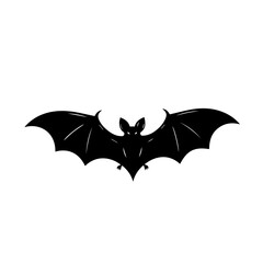 A black silhouette of a spooky flying bat with spread wings and glowing eyes, isolated on a plain white background.