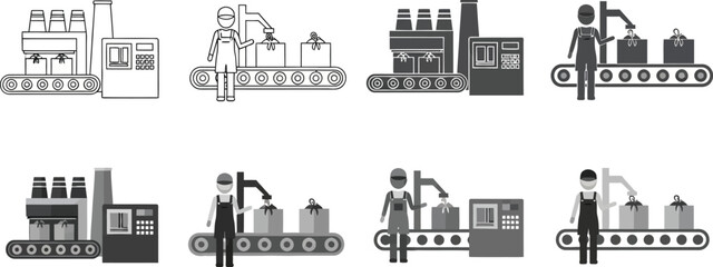 Factory workers overseeing automated production line with boxes on conveyor belt
