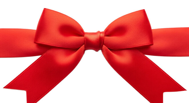 Close up of a bright red satin ribbon tied in a bow against a black background in a horizontal shot